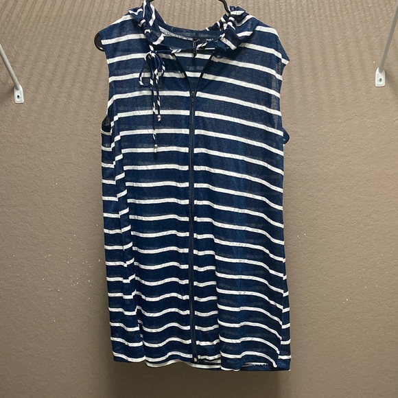 Navy and White Striped Sleeveless Hoodie Top - Picture 1 of 6